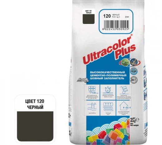 Затирка (черный N 120 ) MAPEI ULTRACOLOR PLUS  с водоотталкивающим и антигрибковым эффектом,  2кг  6012002A